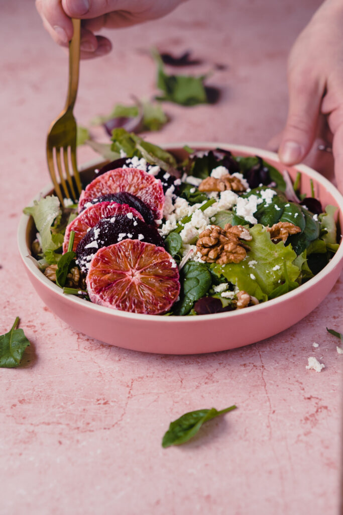 Blood orange salad with roasted beets, greens, and vinaigrette