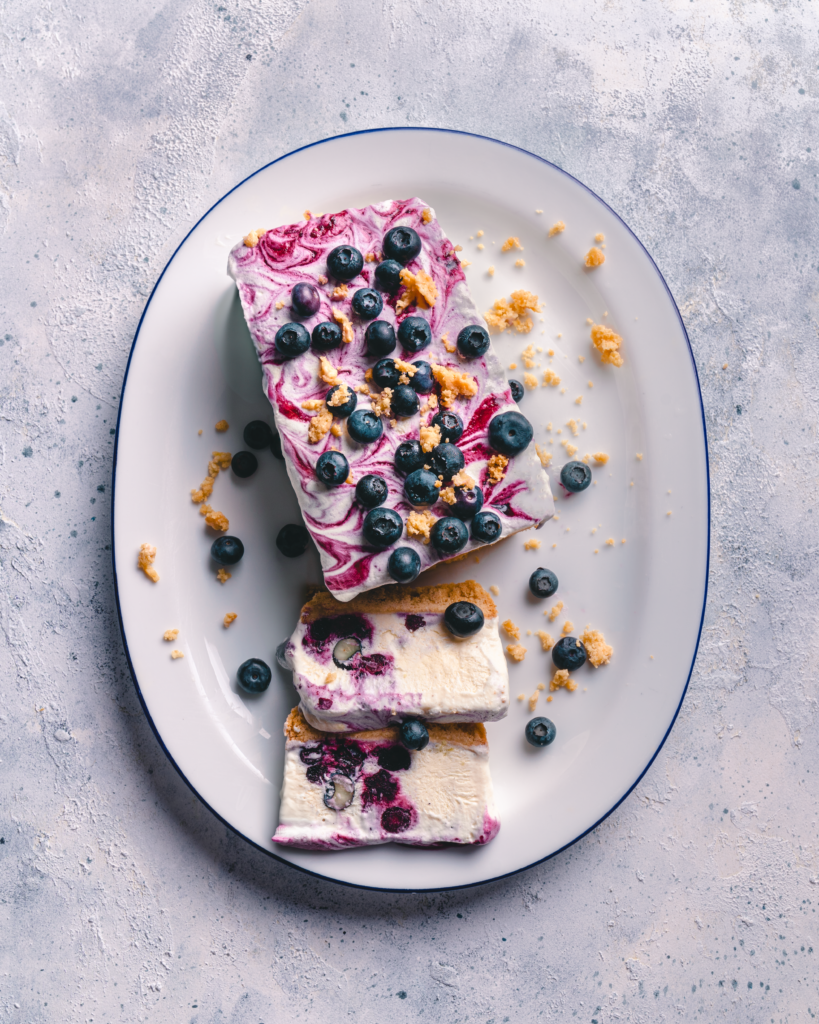 Frozen semifreddo dessert with blueberry and lemon swirl