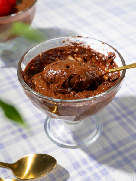 Overhead view of rich Portuguese chocolate mousse dessert