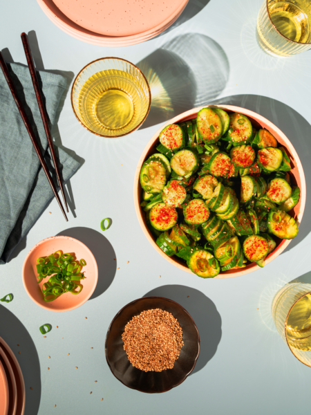 Spicy Korean cucumber salad side dish with sesame seeds