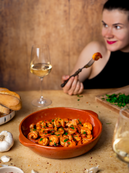 Spanish Gambas Pil Pil prawns sizzling in garlic olive oil