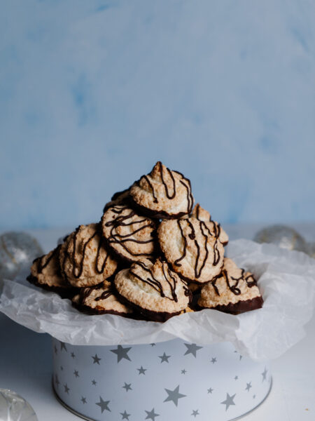 Crispy coconut macaroons, traditional Swiss Christmas baking.